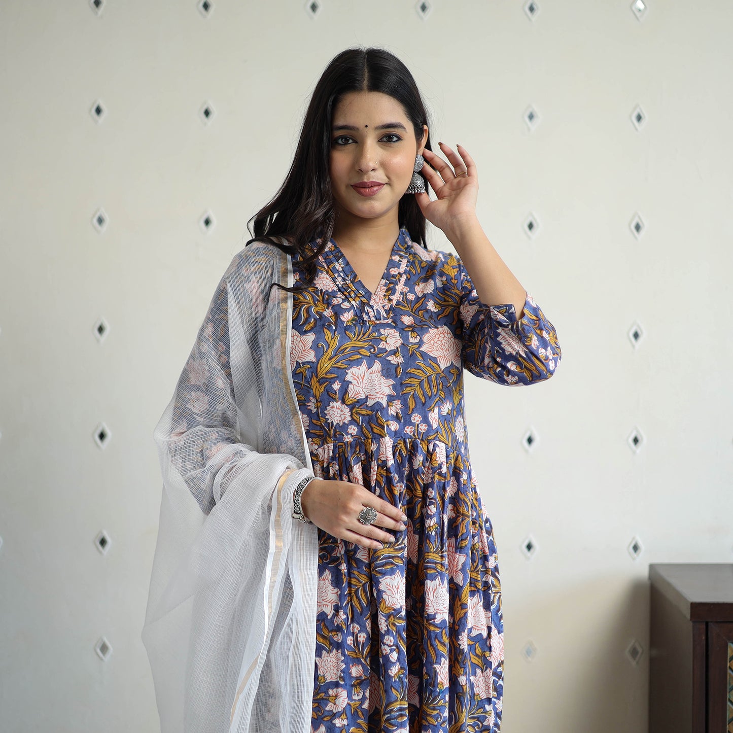  Blue Block Print Cotton Sanganeri Kurta Set (Set of 3)
