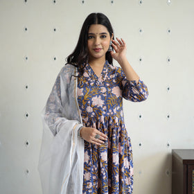 Blue Block Print Cotton Sanganeri Kurta Set (Set of 3)