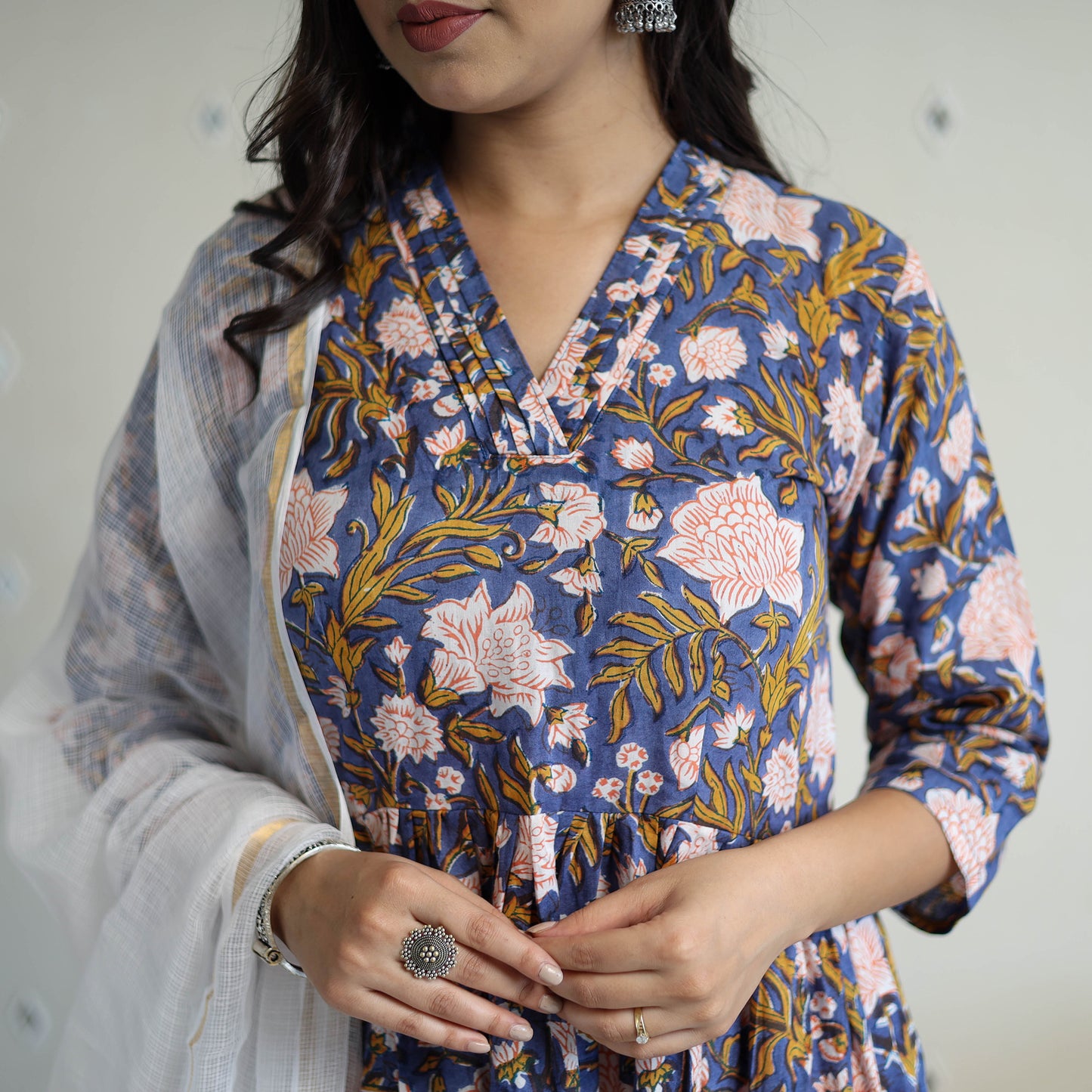  Blue Block Print Cotton Sanganeri Kurta Set (Set of 3)