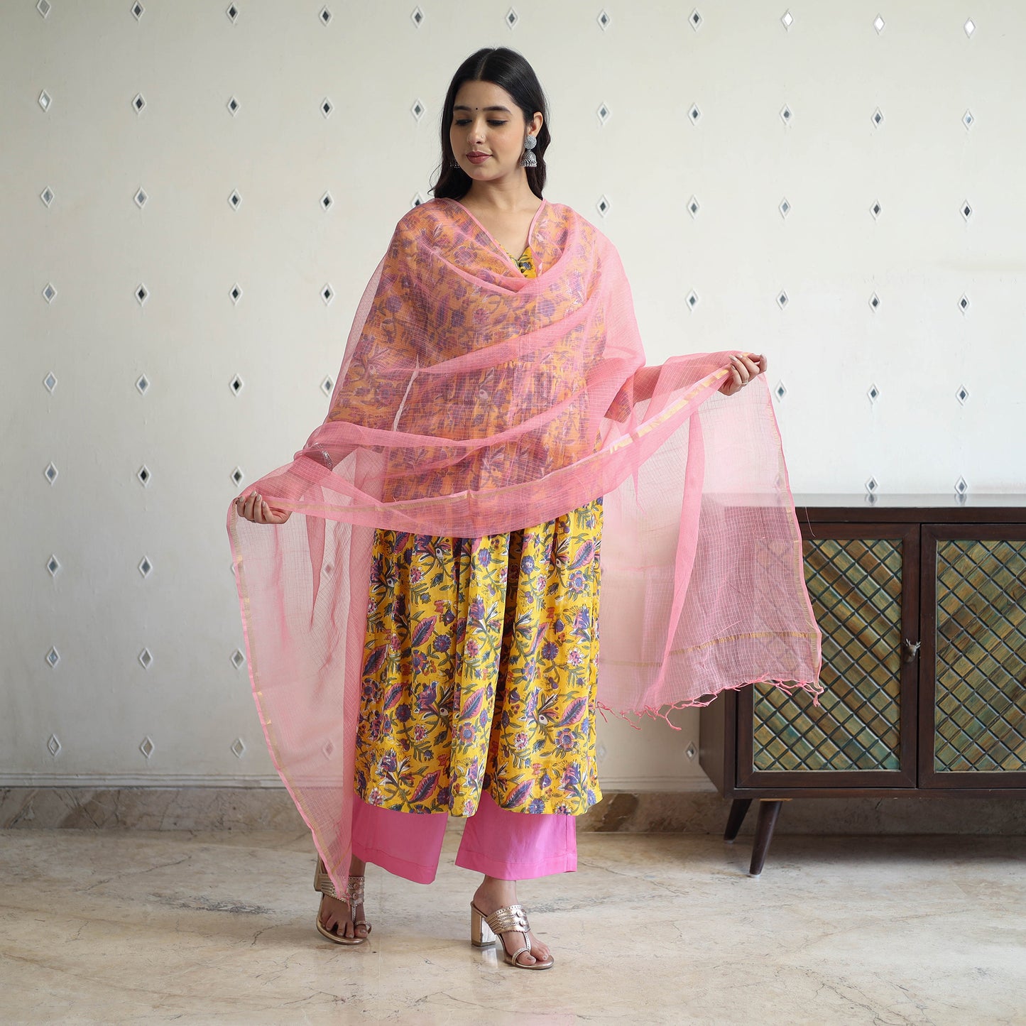  Yellow Block Print Cotton Sanganeri Kurta Set (Set of 3)