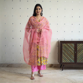  Yellow Block Print Cotton Sanganeri Kurta Set (Set of 3)