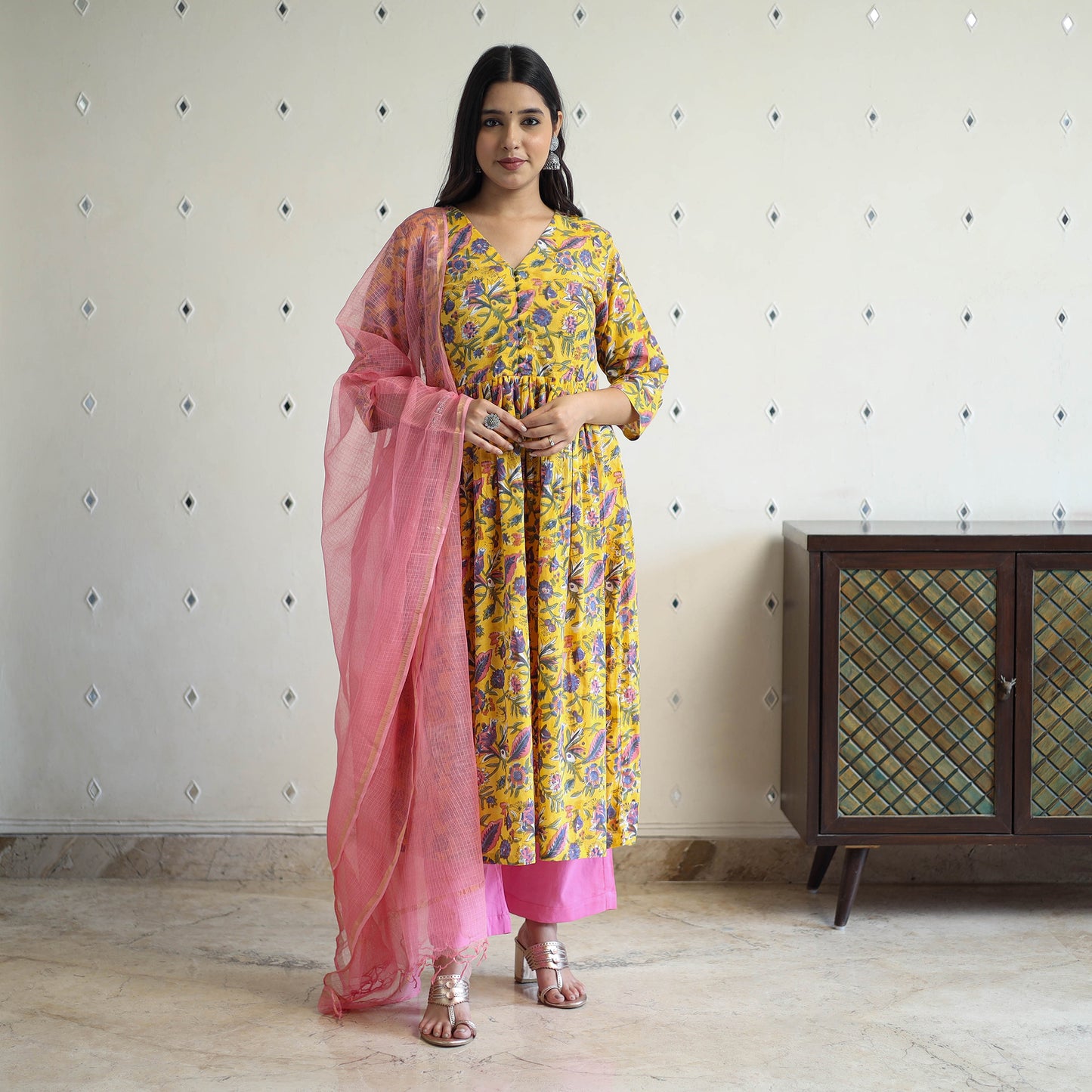  Yellow Block Print Cotton Sanganeri Kurta Set (Set of 3)