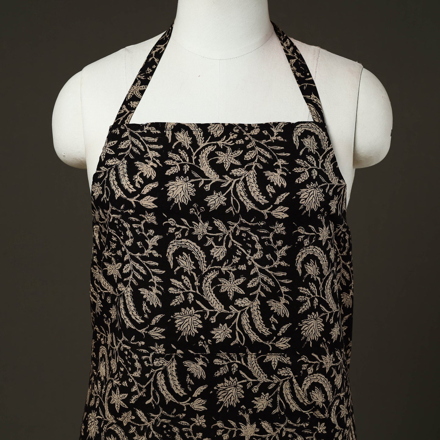 Black Bagru Block Print Cotton Apron with Pocket 