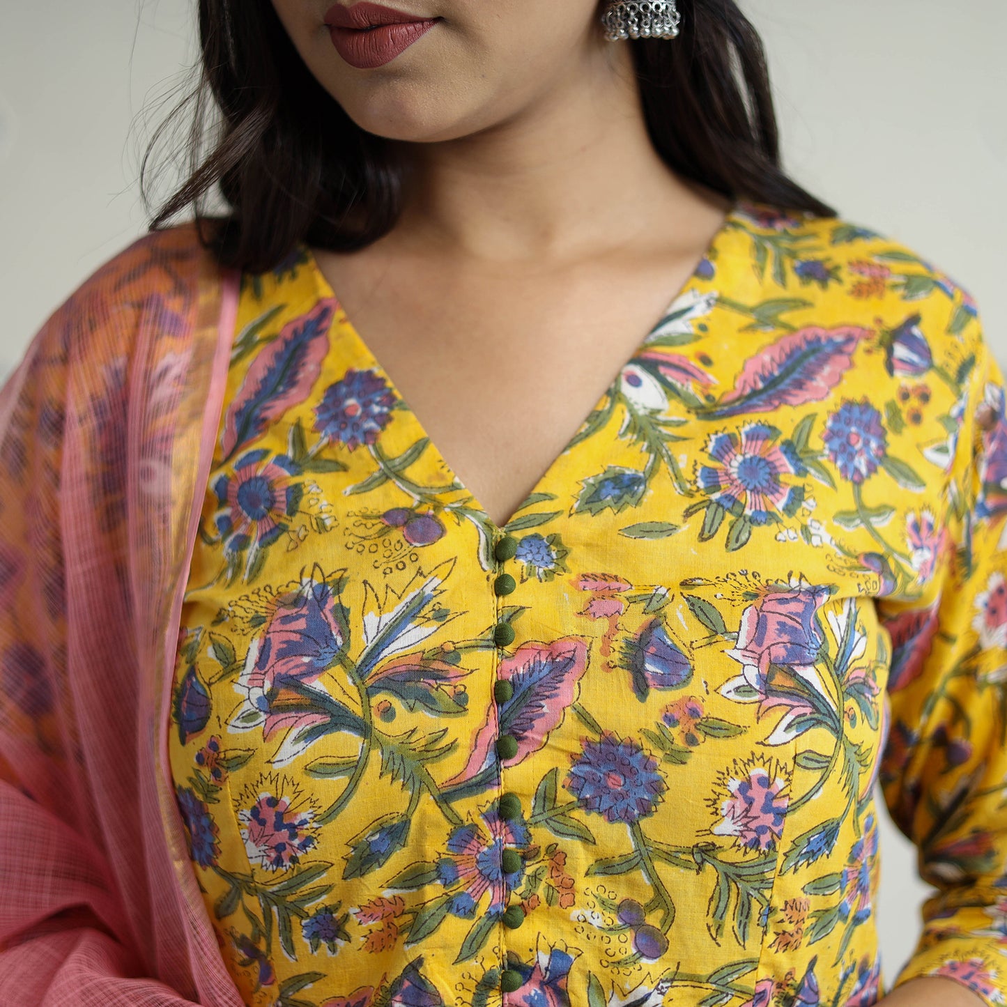  Yellow Block Print Cotton Sanganeri Kurta Set (Set of 3)