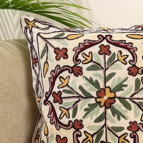 Beige - wool thread crewel embroidery cushion cover (16 x