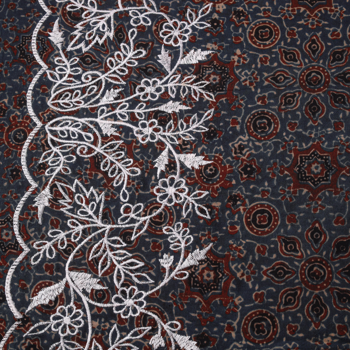 Ajrakh Block Print Natural Dyed Fabric with Embroidered Border 10