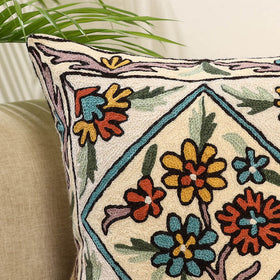 White Wool Thread Crewel Embroidery Cushion Cover