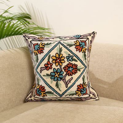 White Wool Thread Crewel Embroidery Cushion Cover