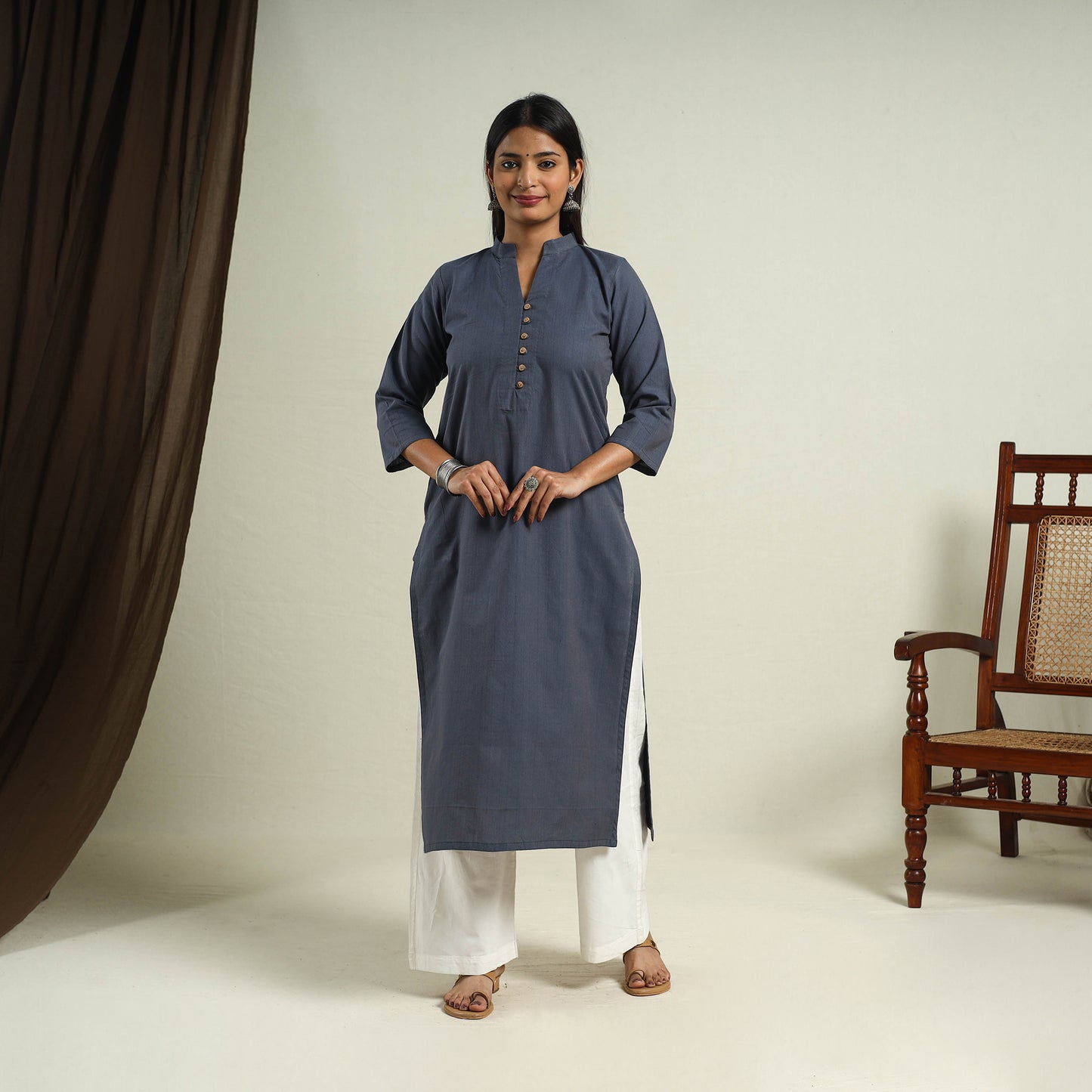 Buy Blue Jhiri Handloom Straight Cotton Kurta for Women