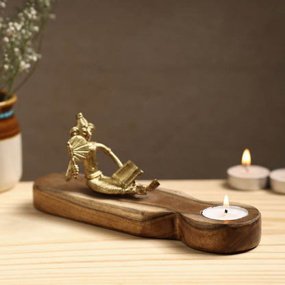 Sitting Lady with Book - Tribal Handmade Dokra Wooden Candle Holder