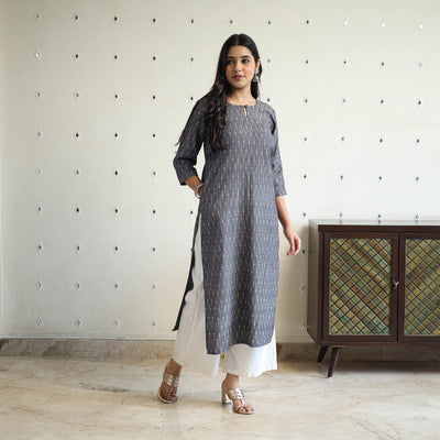 Grey Cotton Straight Pochampally Ikat Kurta for women