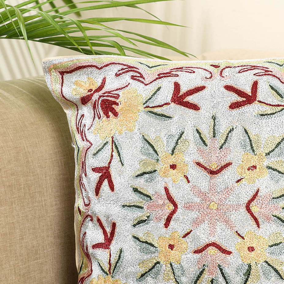 Grey - silk thread crewel embroidery cushion cover (16 x