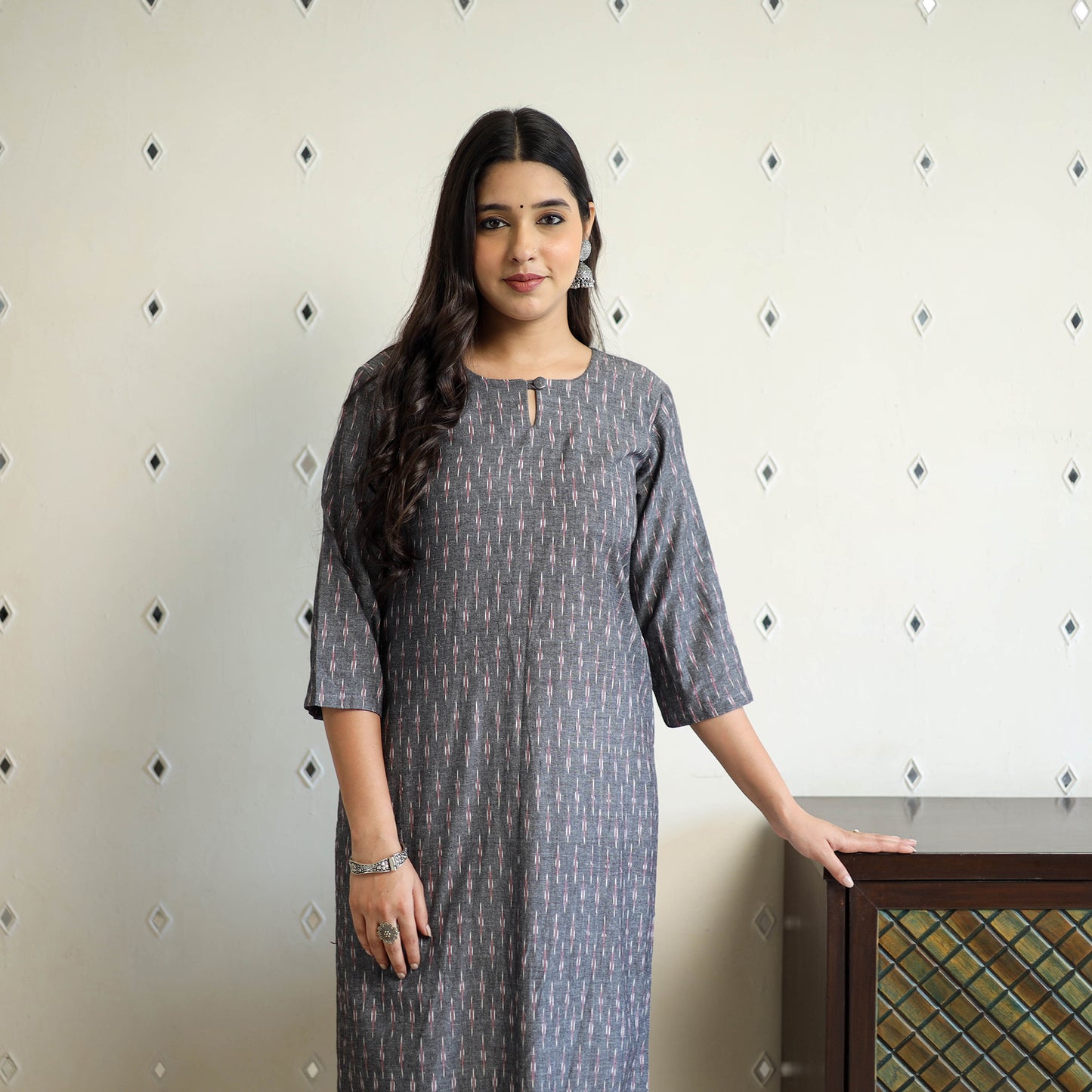 Grey Cotton Straight Pochampally Ikat Kurta for women