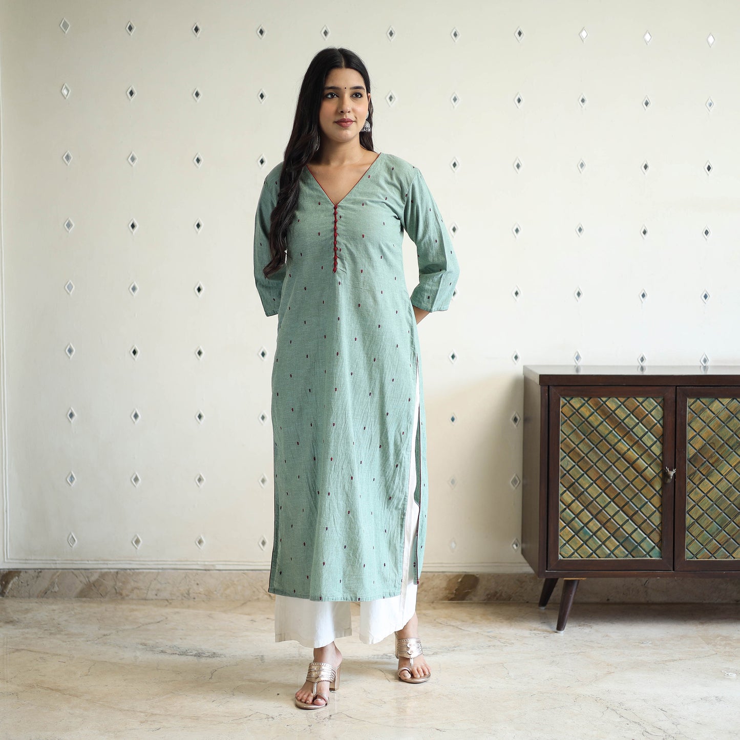 Green Straight Cotton Jacquard Kurta for Women