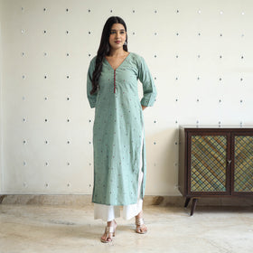 Green Straight Cotton Jacquard Kurta for Women