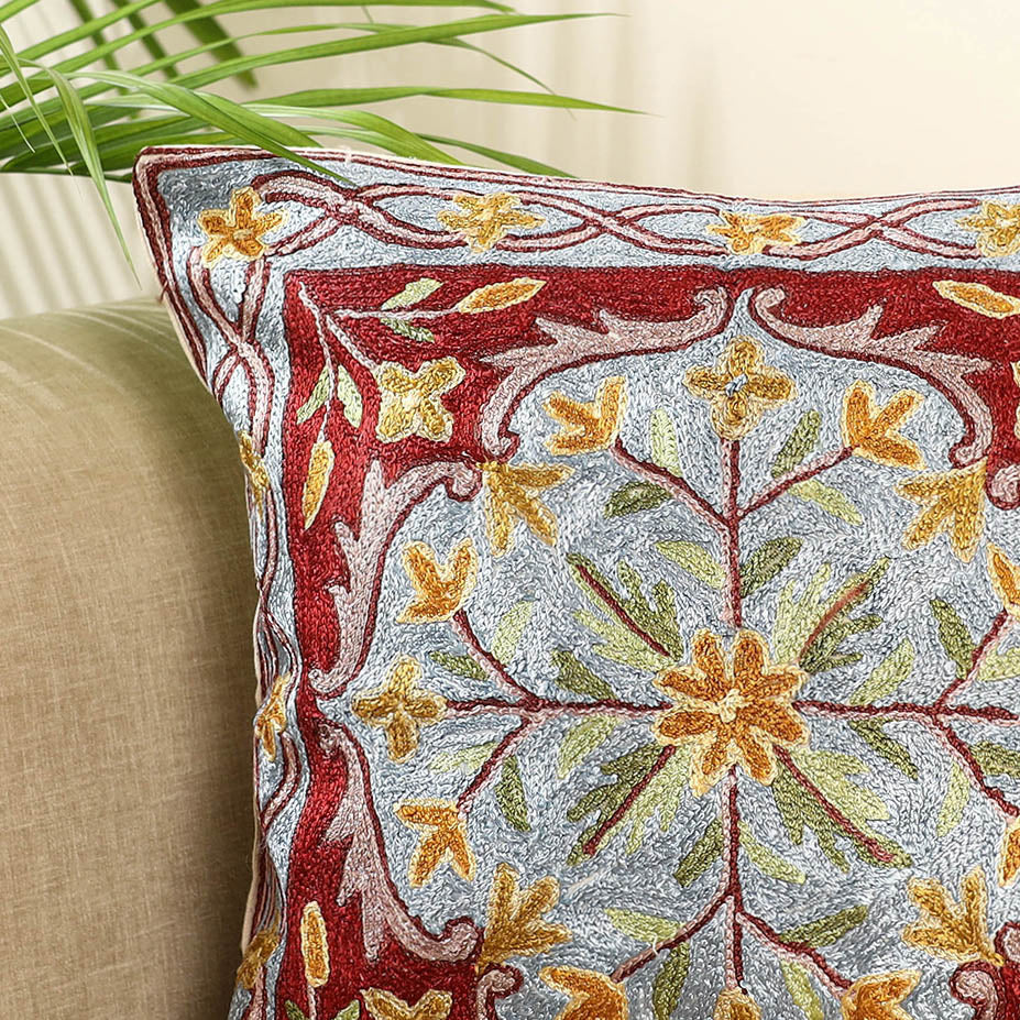 Maroon - silk thread crewel embroidery cushion cover (16 x