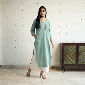 Green Straight Cotton Jacquard Kurta for Women