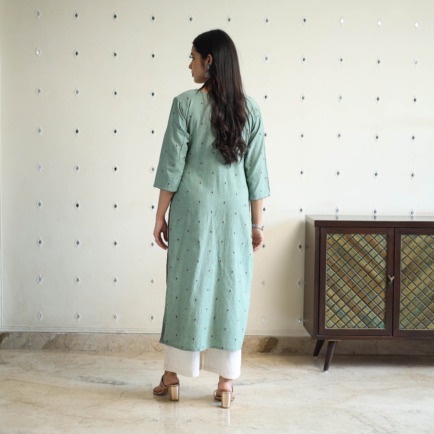 Green Straight Cotton Jacquard Kurta for Women
