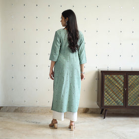 Green Straight Cotton Jacquard Kurta for Women