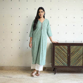 Green Straight Cotton Jacquard Kurta for Women