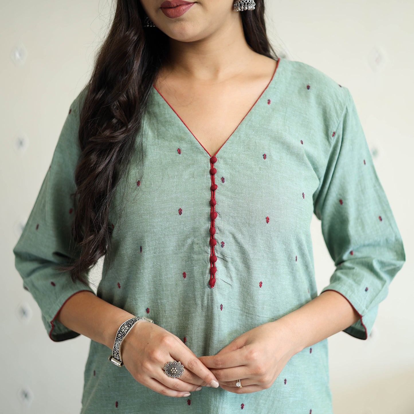 Green Straight Cotton Jacquard Kurta for Women