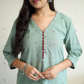 Green Straight Cotton Jacquard Kurta for Women