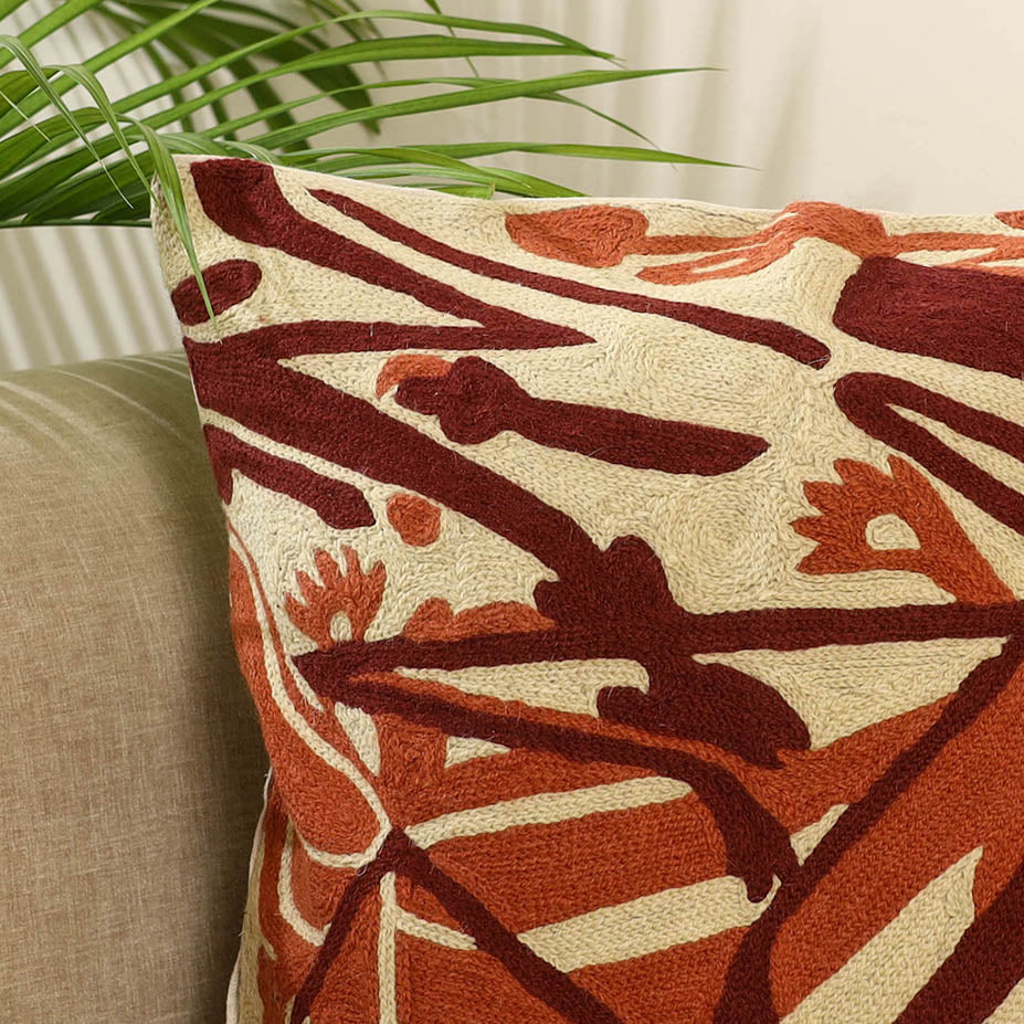 White - wool thread crewel embroidery cushion cover (16 x