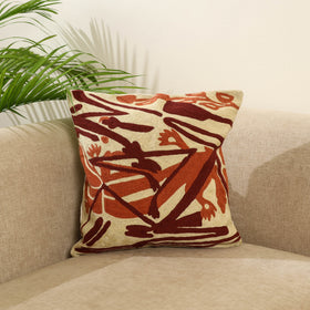 White - wool thread crewel embroidery cushion cover (16 x