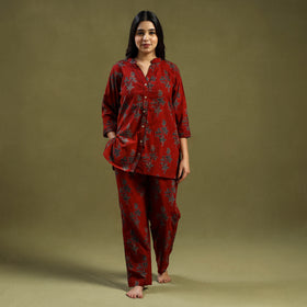 Red Cotton Ajrakh Block Print Night Suit Set