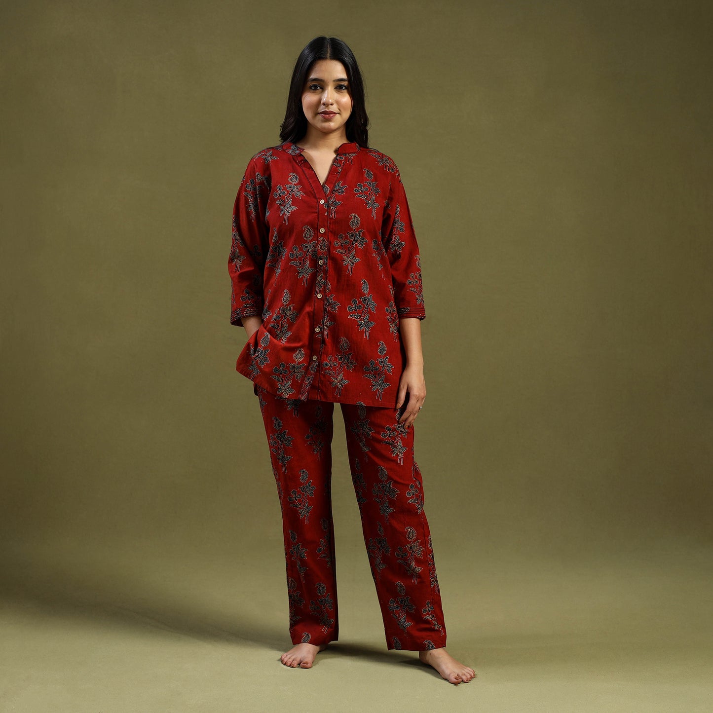 Red Cotton Ajrakh Block Print Night Suit Set