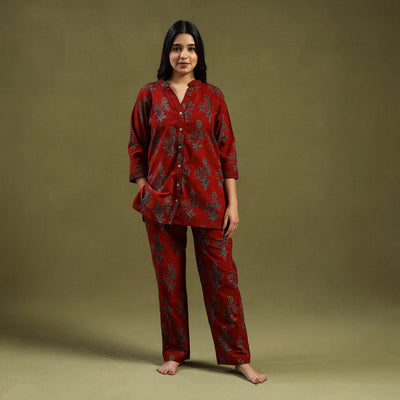 Red Cotton Ajrakh Block Print Night Suit Set