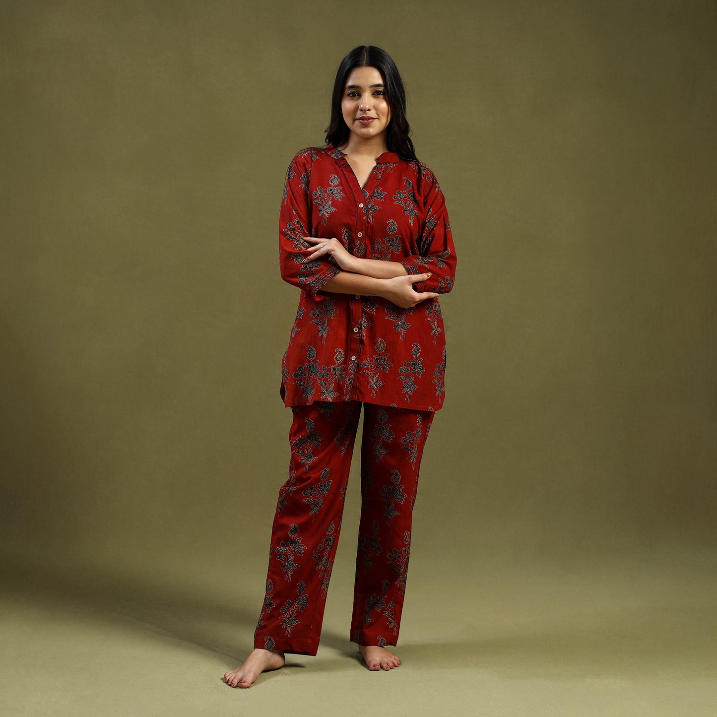 Red Cotton Ajrakh Block Print Night Suit Set