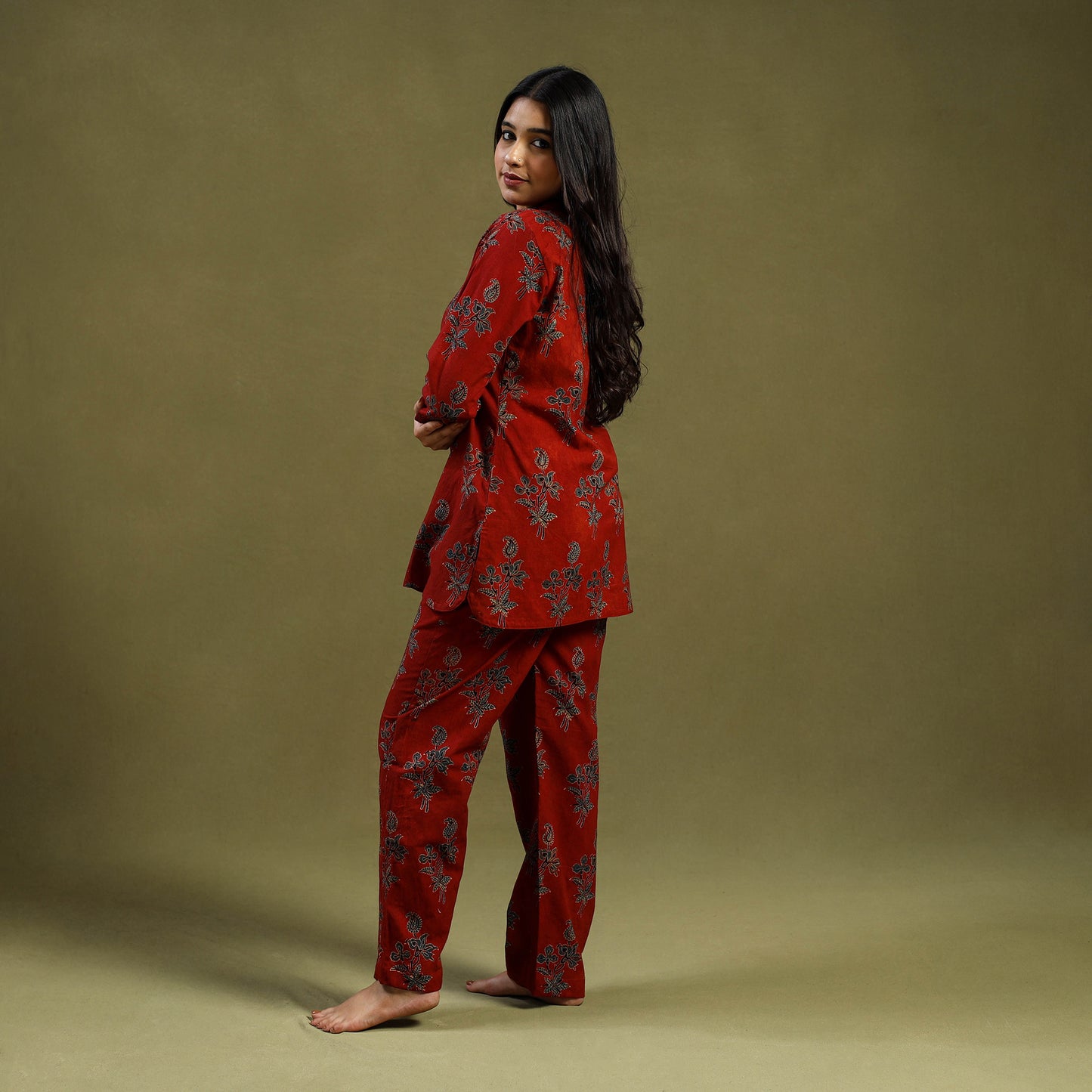 Red Cotton Ajrakh Block Print Night Suit Set