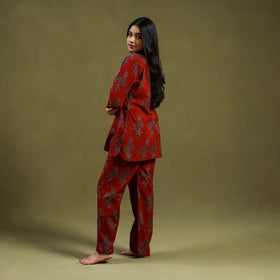 Red Cotton Ajrakh Block Print Night Suit Set