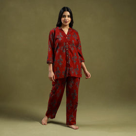 Red Cotton Ajrakh Block Print Night Suit Set