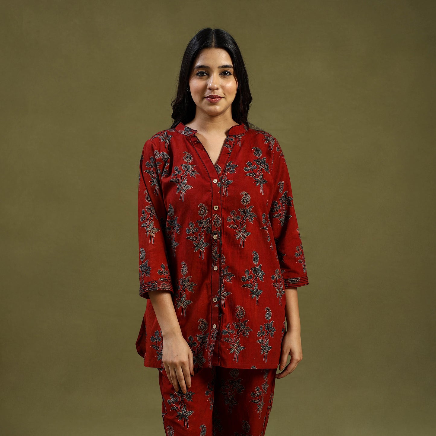 Red Cotton Ajrakh Block Print Night Suit Set