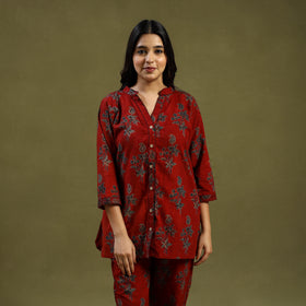 Red Cotton Ajrakh Block Print Night Suit Set