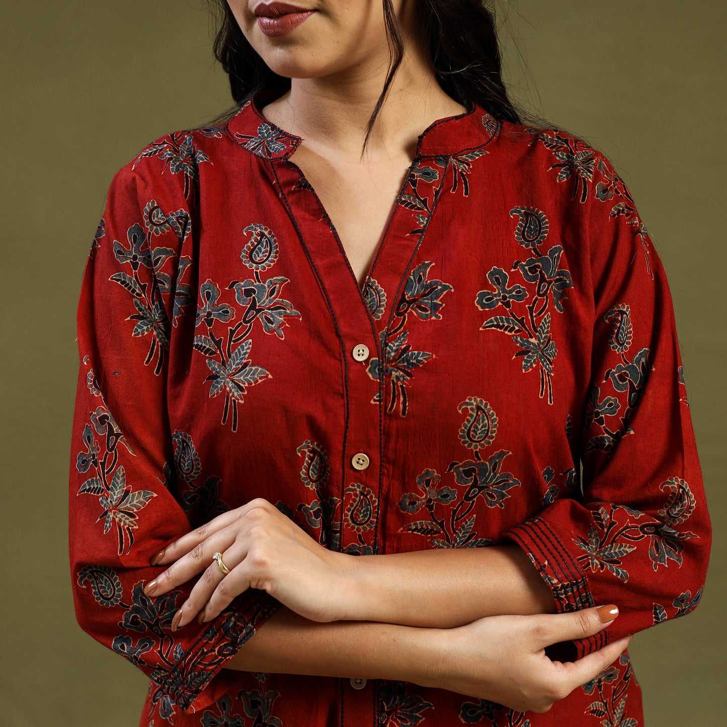 Red Cotton Ajrakh Block Print Night Suit Set