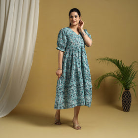 Buy Blue Block Print Cotton Frill Sanganeri Dress
