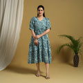 Buy Blue Block Print Cotton Frill Sanganeri Dress