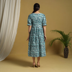Buy Blue Block Print Cotton Frill Sanganeri Dress