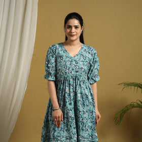 Buy Blue Block Print Cotton Frill Sanganeri Dress