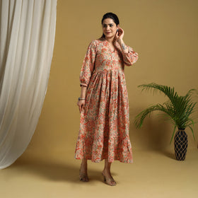  Beige Block Print Cotton Tiered Sanganeri Dress 