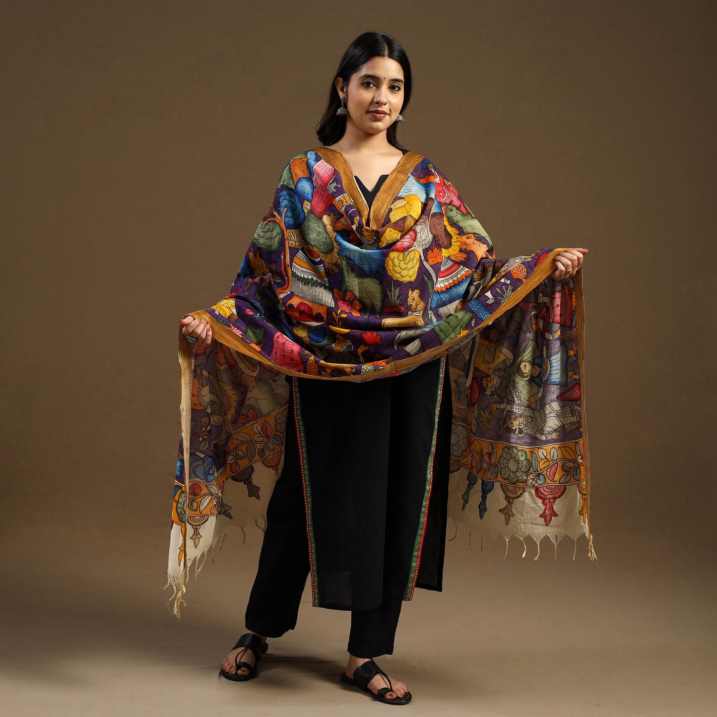 Multicolor Pen Work Chanderi Silk Handpainted Kalamkari Dupatta