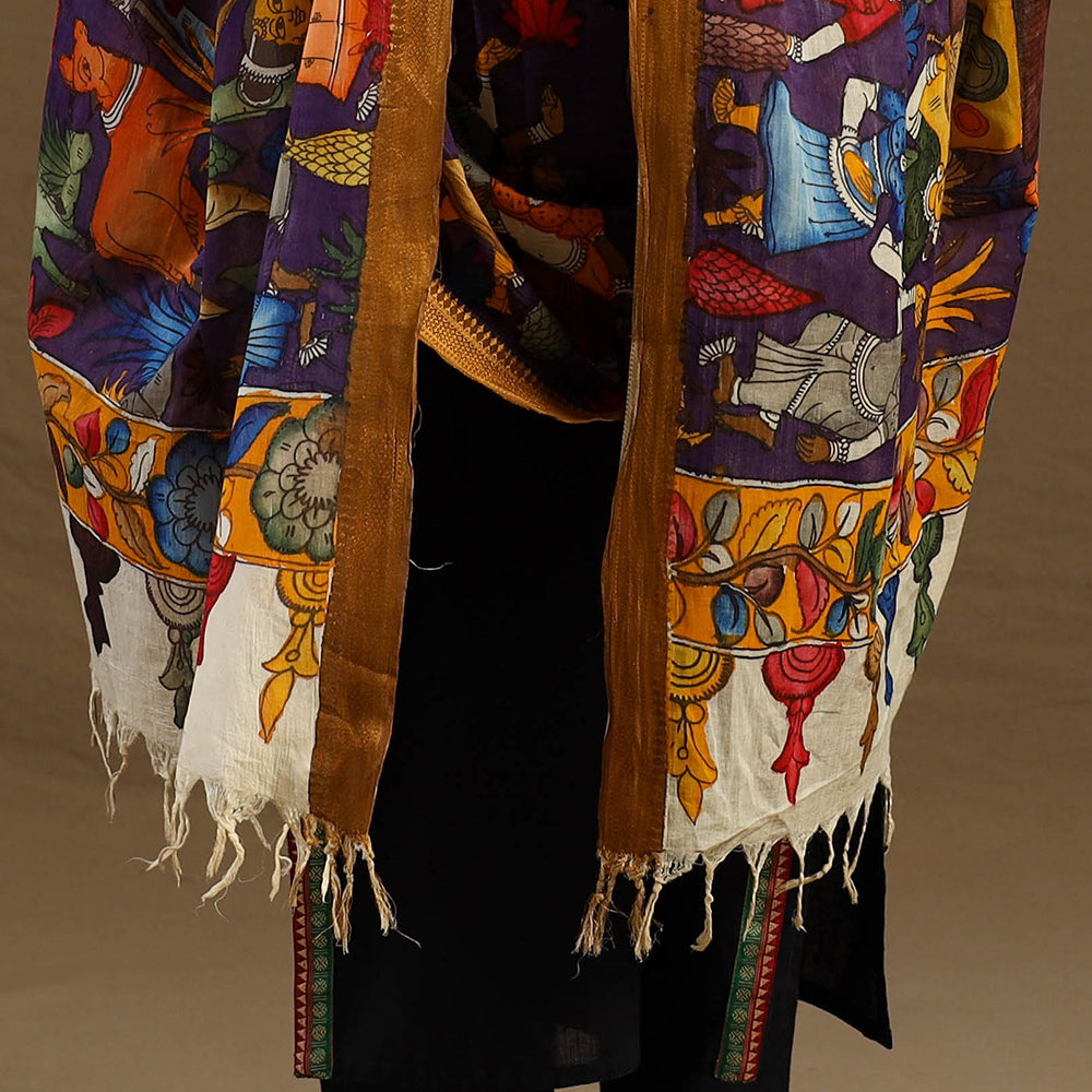 Multicolor Pen Work Chanderi Silk Handpainted Kalamkari Dupatta