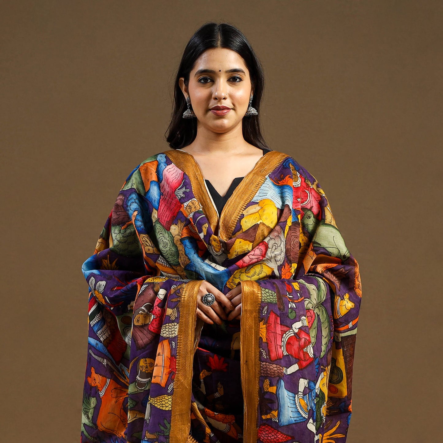 Multicolor Pen Work Chanderi Silk Handpainted Kalamkari Dupatta