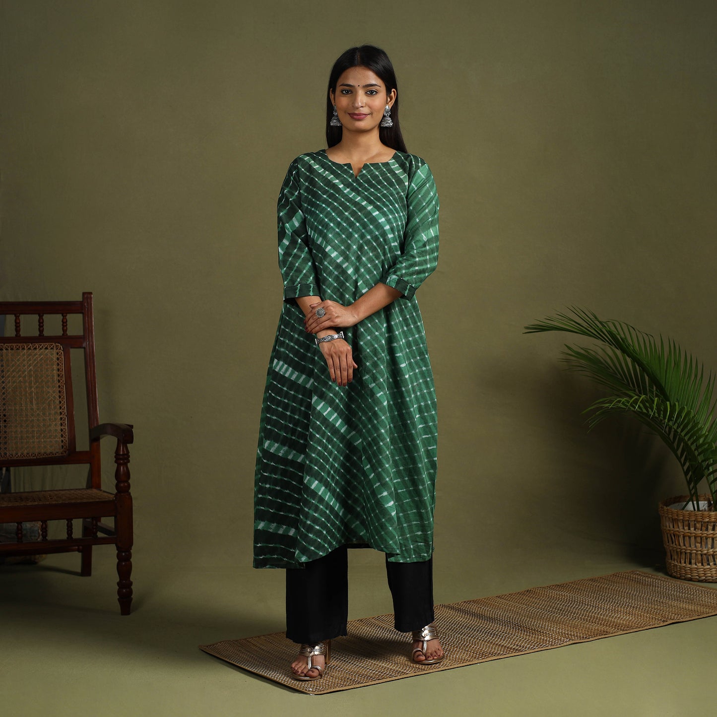 Green - tie-dye cotton a-line leheriya kurta 01