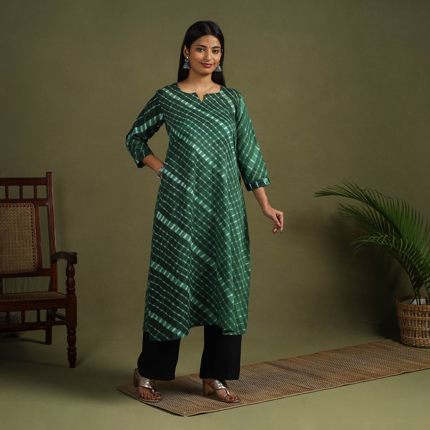 Green - tie-dye cotton a-line leheriya kurta 01