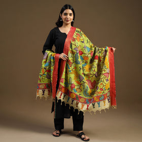 Green Pen Work Chanderi Silk Handpainted Kalamkari Dupatta