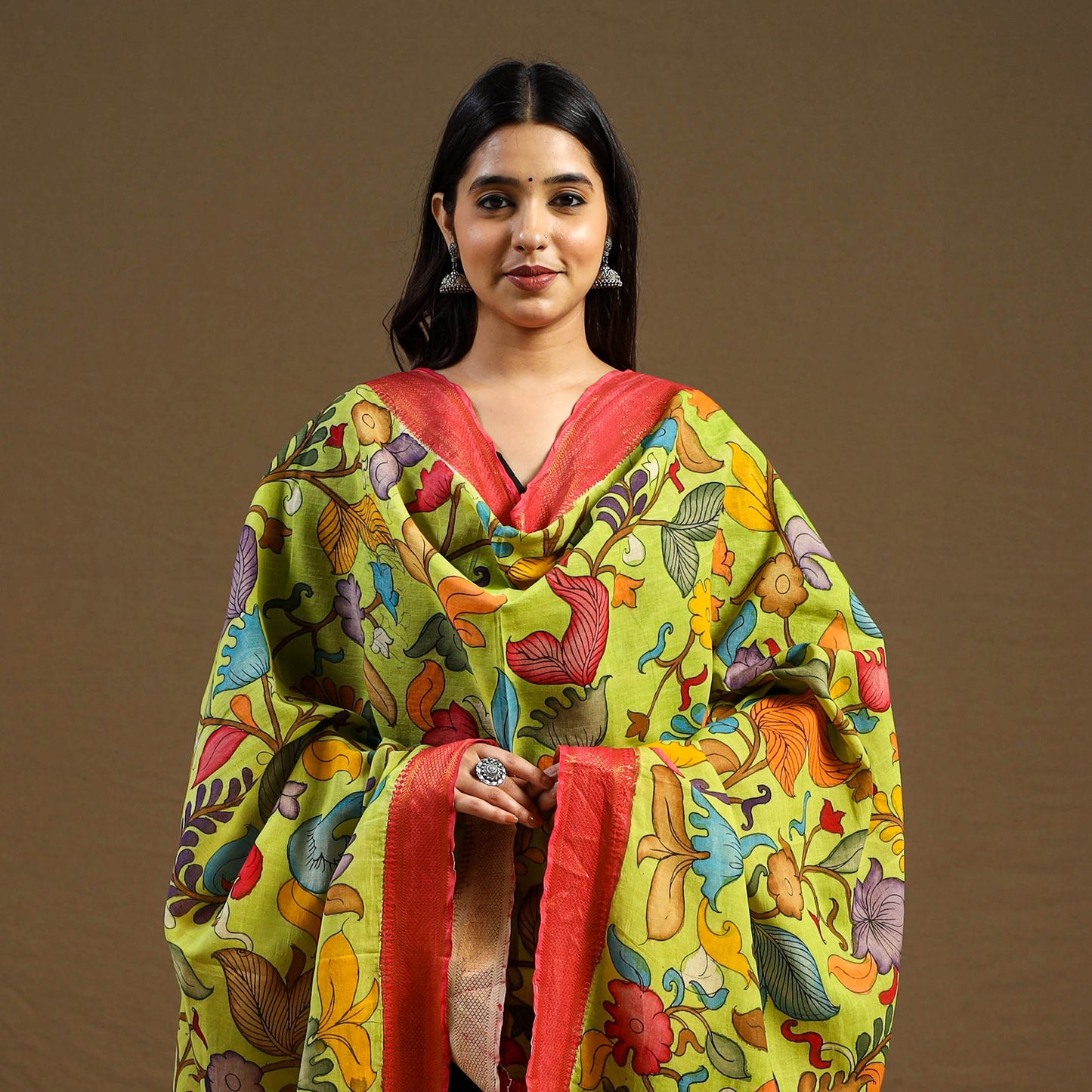 Green Pen Work Chanderi Silk Handpainted Kalamkari Dupatta